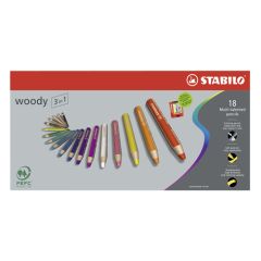 Stabilo  Pastelky STABILO woody 3 v 1 - barvička, vodovka, voskovka - 18 ks + ořezávátko