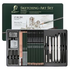 Sada na kreslení a skicování (27 ks) v plechové krabičce