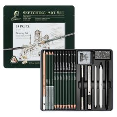 Sada tužek na kreslení a skicování (19 ks) v plechové krabičce