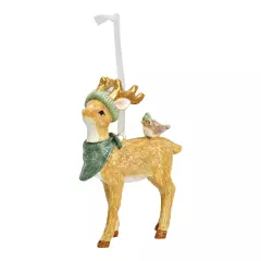 Soška jelena s ptákem 9 cm stojící, přírodní barva, stuha na zavěšení