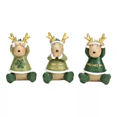 Soška losa sedícího ve vánočním kabátě 8 cm (mix 3 vzorů /cena za 1 ks)