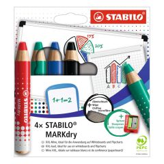 Suchý popisovač na tabuli a flipchart - STABILO MARKdry 4 ks sada + struhadlo a hadřík