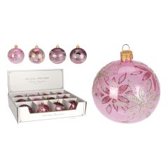 Vánoční skleněná koule 8 cm - ručně foukaná, růžová ve 4 designech