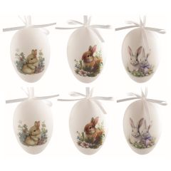 Velikonoční vejce plastová se zajíčky 6 cm na zavěšení, 6 ks v sáčku
