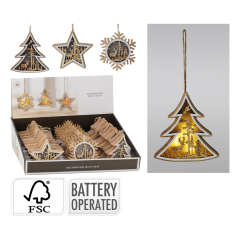 KOOPMAN  Závěsná dekorace - vánoční motivy s LED světýlky na dřevěném podstavci, 12 cm, mix /1ks