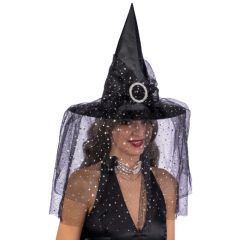 Carnival Toys Černý čarodějnický klobouk se závojem