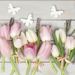 Ubrousky DAISY L (20ks) White & Pink Tulips on Wood
