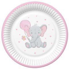 Talíř papírový PM 18cm 8ks Baby Elephant with Pink Balloon