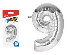 balónek č. 9 nafukovací fóliový 40 cm - stříbrný 8000142