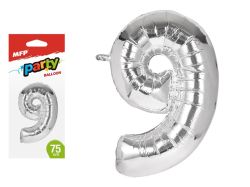 balónek č. 9 nafukovací fóliový 75 cm - stříbrný 8000170