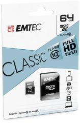 Paměťová karta Classic, microSDXC, 64GB, CL10, 20/12 MB/s, adaptér, EMTEC ECMSDM64GXC10CG