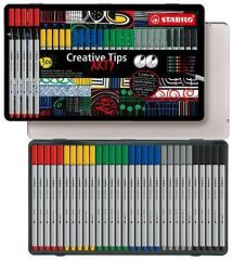 Stabilo  Linery Creative Tips ARTY, sada, 6 pastelových barev, 5 šířek stopy, plechová krabička, STABILO 89