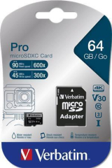 Paměťová karta PRO, microSDXC, 64GB, CL10/U3, 90/45 MB/s, adaptér, VERBATIM