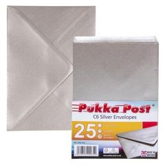 Obálky Silver, stříbrná, C6, pogumovaný povrch, PUKKA PAD 9065-ENV ,balení 25 ks