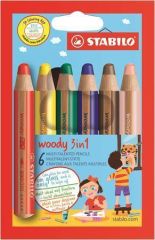 Stabilo  Barevné pastelky Woody, 6 barev, maxi, 3v1 – pastelky, vodovka, voskovka, STABILO