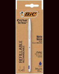 BIC  Kuličkové pero a 2 náplně Cristal Original, modrá, 0,32 mm, matně stříbrná barva těla, s víčkem, B