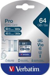 Paměťová karta PRO, SDXC, 64GB, CL10/U3, 90/45MB/sec, VERBATIM