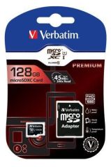 Paměťová karta Premium, microSDXC, 128GB, CL10/U1, 70/10 MB/s, adaptér, VERBATIM