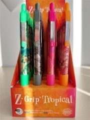 Kuličkové pero Z-Grip Tropical, modrá, 4 vzory, displej/20 ks, 0,27 mm, stiskací mechanismus, ZEBR