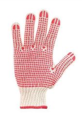 Pracovní rukavice šité z bavlny s protiskluzovými terčíky z PVC, velikost 7, bílá/červená