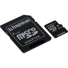 Paměťová karta microSDXC Canvas Select, 64GB, Class 10/U1, 80/10 MB/s,adapter, KINGSTON