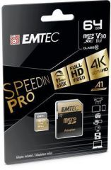 Paměťová karta SpeedIN, microSDXC, 64GB, UHS-I/U3/V30/A2, 100/95 MB/s, adaptér, EMTEC ECMSDM64GXC1