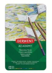 DERWENT  Akvarelové pastelky Academy, 12 různých barev, plechová krabička, DERWENT