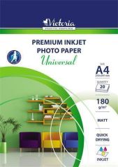 Fotografický papír Universal, do inkoustové tiskárny, matný, A4, 180g, VICTORIA ,balení 20 ks