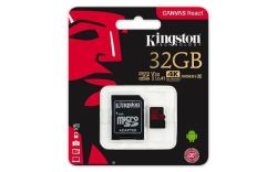 Paměťová karta Canvas React,  microSDHC, 32GB, C10/U3/V30/A1, 100/70 MB/s, s adaptérem, KINGSTON