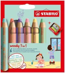 Barevné pastelka Woody, 6 pastelových barev, maxi, 3v1 – pastelka, vodovka, voskovka, STABILO 8806