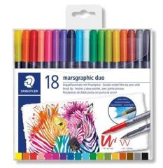 Štětcové fixy Marsgraphic Duo, sada, 18 barev, 0,5-0,8/1,0-6,0 mm, oboustranné, STAEDTLER