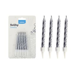 Svíčka dortová - stříbrná / 12 ks + stojánky